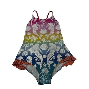 Mini Boden Girls Swimsuit 11-12 Rainbow Mermaid Ruffle One Piece